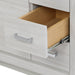 Image shows the 30.25" Devere freestanding single-sink vanity, shown here in Elm Sky finish, with middle drawer extended
