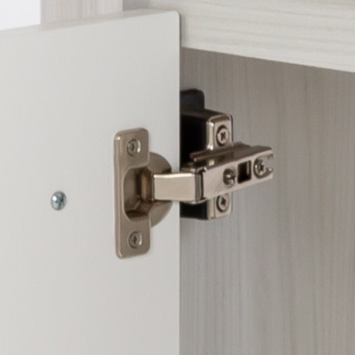 Image shows soft-close cabinet door hinge for 30.25" Devere freestanding single-sink vanity, shown here in Elm Sky finish