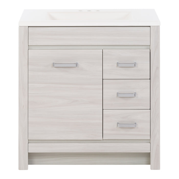 30.25" Devere freestanding single-sink vanity features a contemporary design with a soft-close, single-door cabinet, 3 full-extension drawers and polished chrome hardware – shown here in Elm Sky finish