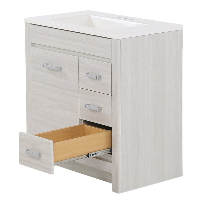 Image shows the 30.25" Devere freestanding single-sink vanity, shown here in Elm Sky finish, with bottom drawer fully extended