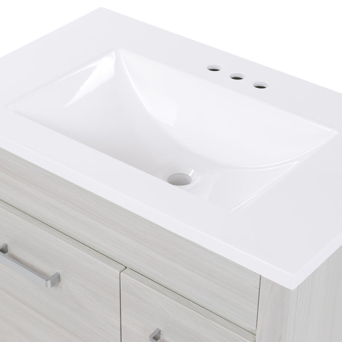 View of the 30.25" Devere freestanding single-sink vanity white cultured marble sink top with an integrated sink that is predrilled for a 4" centerset faucet