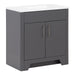Angled view of Salil 30 inch 2-door gray powder room vanity with white top
