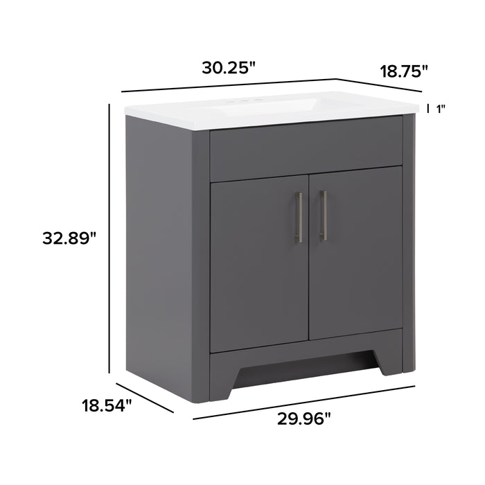 Meaurements of Salil 30 inch 2-door gray powder room vanity with white top: 30.25 in W x 18.75 in D x 32.89 in H