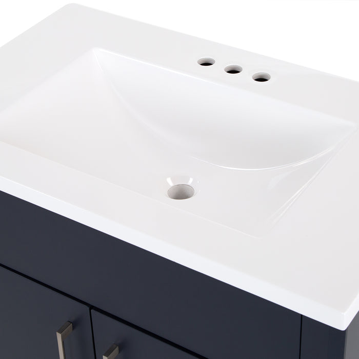 Predrilled sink top on Salil 30 inch 2-door blue powder room vanity with white top
