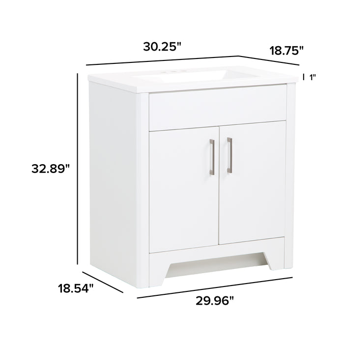 Measurements of Salil 30 inch 2-door white powder room vanity with white top: 30.25 in W x 18.75 in D x 32.89 in H