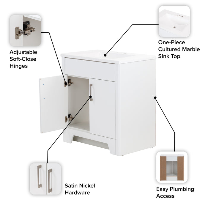 Features of Salil 30 inch 2-door white powder room vanity with white top, open back, satin nickel hardware