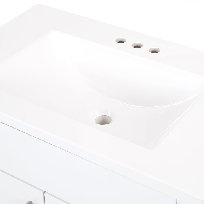 Predrilled sink top on Salil 30 inch 2-door white powder room vanity with white top