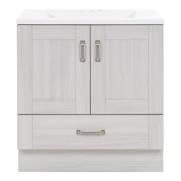 30.25" Noelani powder room vanity features a transitional design with inset Shaker-style doors, a flat-panel drawer, and satin nickel door and drawer pulls – shown here in Elm Sky finish