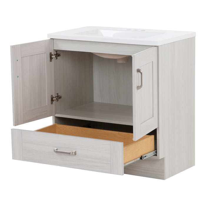 Image shows the 30.25" Noelani powder room vanity, shown here in Elm Sky finish, with both soft-close cabinet doors opened and bottom drawer extended