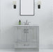 Front view of 30.25" Noelani powder room vanity, shown here in Elm Sky finish with mirror, hand soap and other bathroom items.