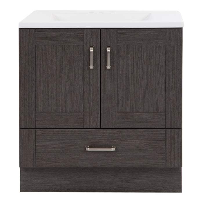 30.25" Noelani powder room vanity features a transitional design with inset Shaker-style doors, a flat-panel drawer, and satin nickel door and drawer pulls – shown here in Milano Oak finish