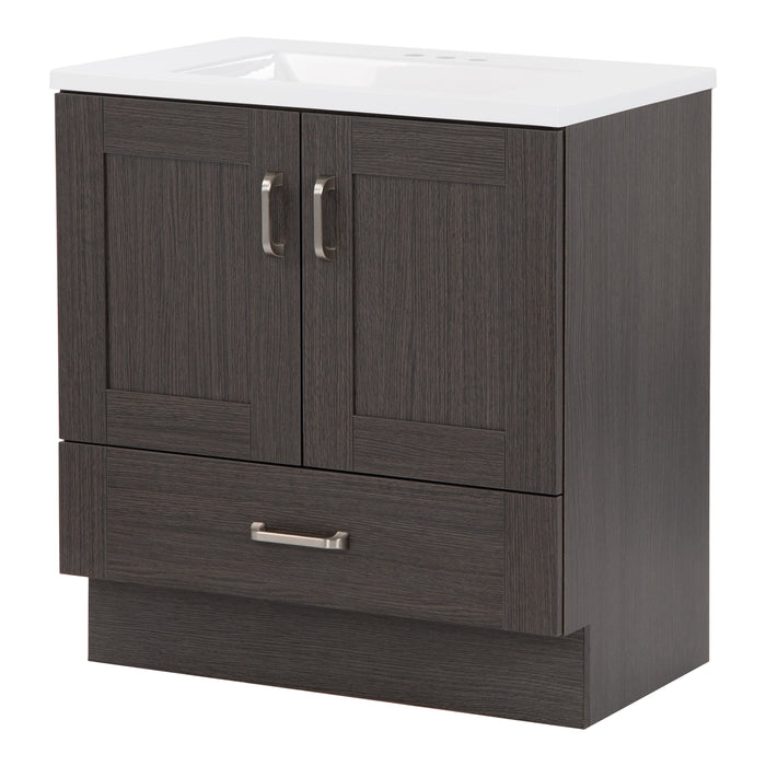 Angled side view of 30.25" Noelani powder room vanity features a transitional design with inset Shaker-style doors, a flat-panel drawer, and satin nickel door and drawer pulls – shown here in Milano Oak finish