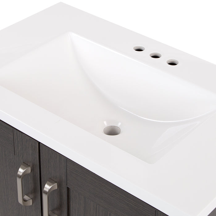 View of the 30.25" Noelani powder room vanity bright white cultured marble sink top with an integrated sink that is predrilled for a 4" centerset faucet