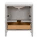 Open back on Destan 30 in light gray bathroom vanity with base drawer, cabinet, polished chrome hardware, white sink top