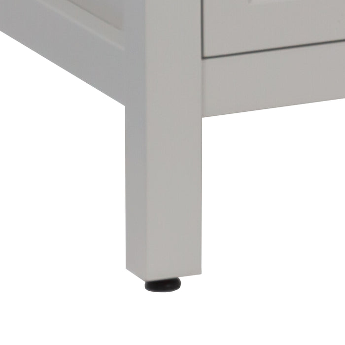 Leveling foot on Destan 30 in light gray bathroom vanity with base drawer, cabinet, polished chrome hardware, white sink top