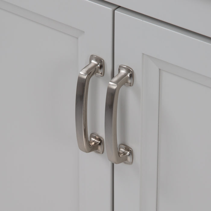 Polished chrome door handles on Destan 30 in light gray bathroom vanity with base drawer, cabinet, white sink top
