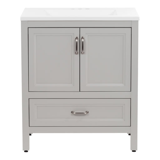 Destan 30 in light gray bathroom vanity with base drawer, cabinet, polished chrome hardware, white sink top