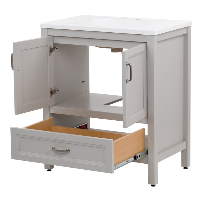 Open doors and drawer on Destan 30 in light gray bathroom vanity with base drawer, cabinet, polished chrome hardware, white sink top