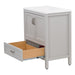 Right view of Destan 30 in light gray bathroom vanity with base drawer, cabinet, polished chrome hardware, white sink top