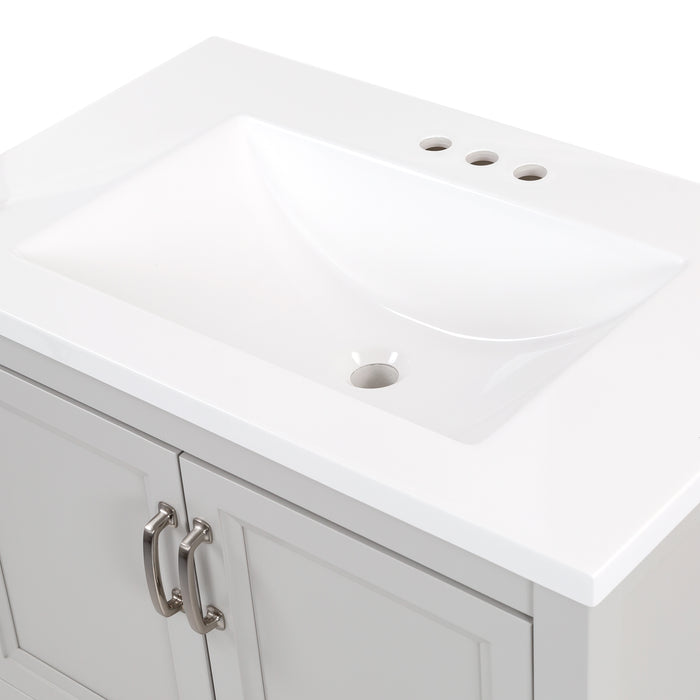 Predrilled sink top on Destan 30 in light gray bathroom vanity with base drawer, cabinet, polished chrome hardware, white sink top