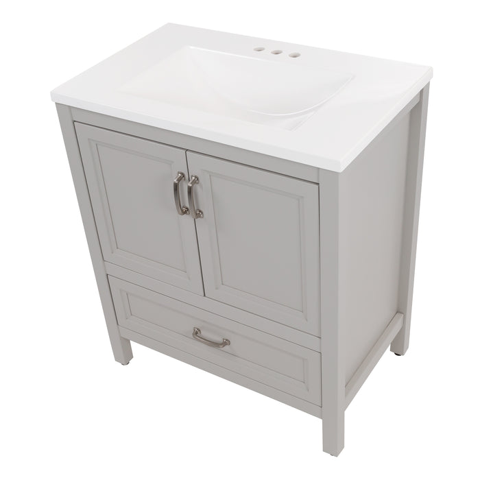 Top view  of Destan 30 in light gray bathroom vanity with base drawer, cabinet, polished chrome hardware, white sink top