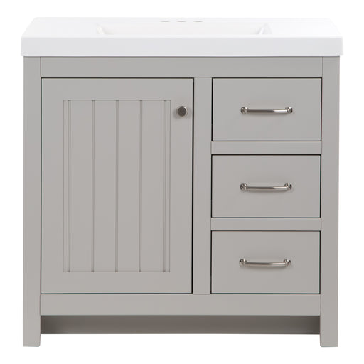 36.5 in Chamiree light gray bathroom vanity with cabinet, 3 drawers, satin nickel hardware, white sink top