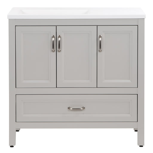 Destan 36 in light gray bathroom vanity with 2 drawers, 2 cabinets, polished chrome hardware, white sink top