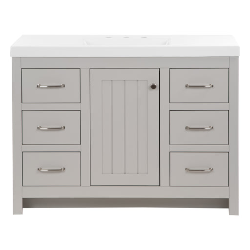 48 in Chamiree light gray bathroom vanity with cabinet, 6 drawers, satin nickel hardware, white sink top