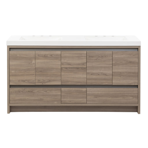 Trente 60 inch 4-door, 5-drawer, hardware-free double-sink bathroom vanity with woodgrain finish and white sink