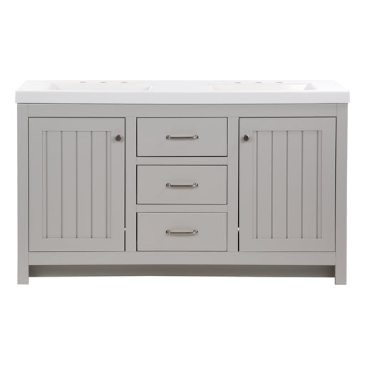 60.5 in Chamiree light gray double bathroom vanity with cabinet, 3 drawers, satin nickel hardware, white sink top