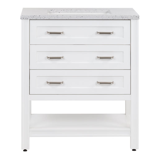 Eaton white bathroom vanity with drawers, open shelf, adjustable legs, and brushed nickel handles with granite-look top