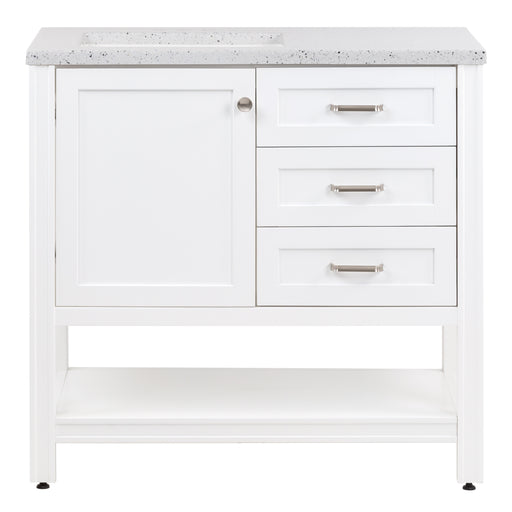 36.5 in. Eaton white bathroom vanity with drawers, open shelf, adjustable legs, and brushed nickel handles with granite-look sink top