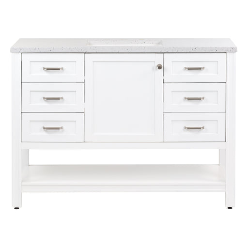 48 in. Eaton white bathroom vanity with cabinet, 6 drawers, open shelf, adjustable legs, and brushed nickel handles with granite-look sink top