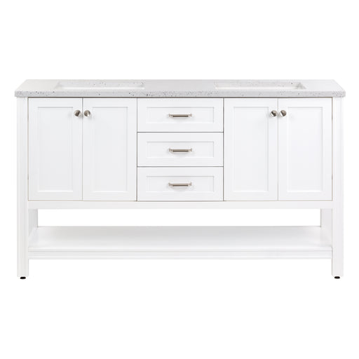 60 in. Eaton white double bathroom vanity with 2 cabinets, 3 drawers, open shelf, adjustable legs, and brushed nickel hardware with granite-look sink top