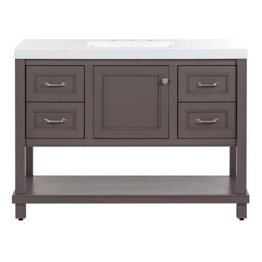 49.29" wide Radburn single-sink furniture-style vanity with 2 full-extension drawers on each side, a central cabinet with a soft-close door, and an open shelf at the bottom in Taupe Gray finish