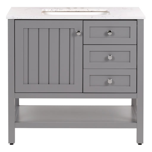 Elvet 37" W gray furniture-style bathroom vanity with drawers adjustable legs, open shelf, with sink top