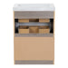 Open back of Fisk  24.5" W woodgrain cabinet-style bathroom vanity with 2 drawers, pull-out shelf white sink top