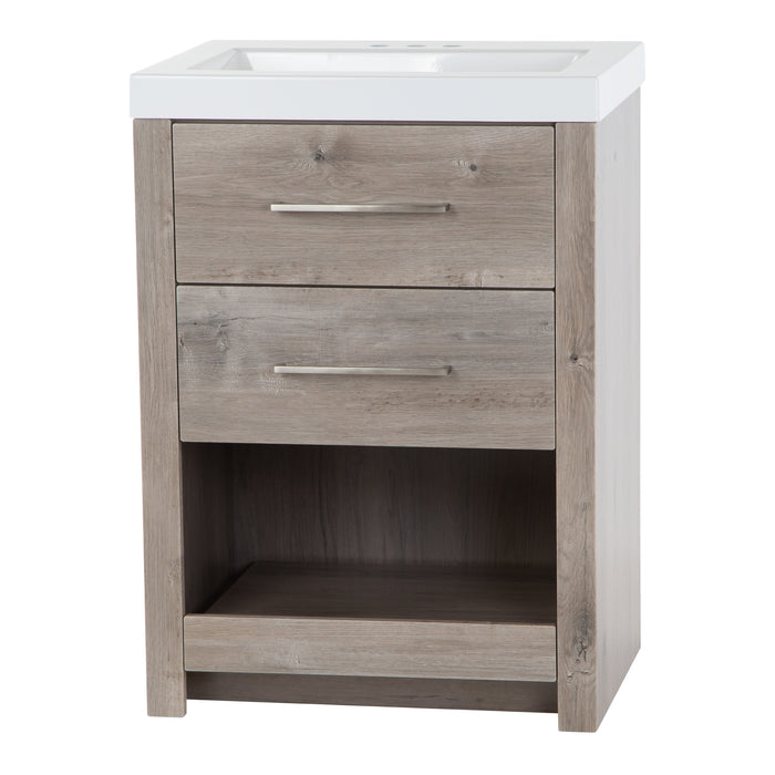 Right view Fisk 24.5" W woodgrain cabinet-style bathroom vanity with 2 drawers, pull-out shelf white sink top