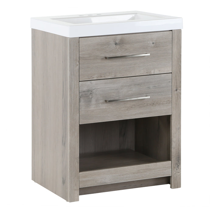 Left view Fisk 24.5" W woodgrain cabinet-style bathroom vanity with 2 drawers, pull-out shelf white sink top