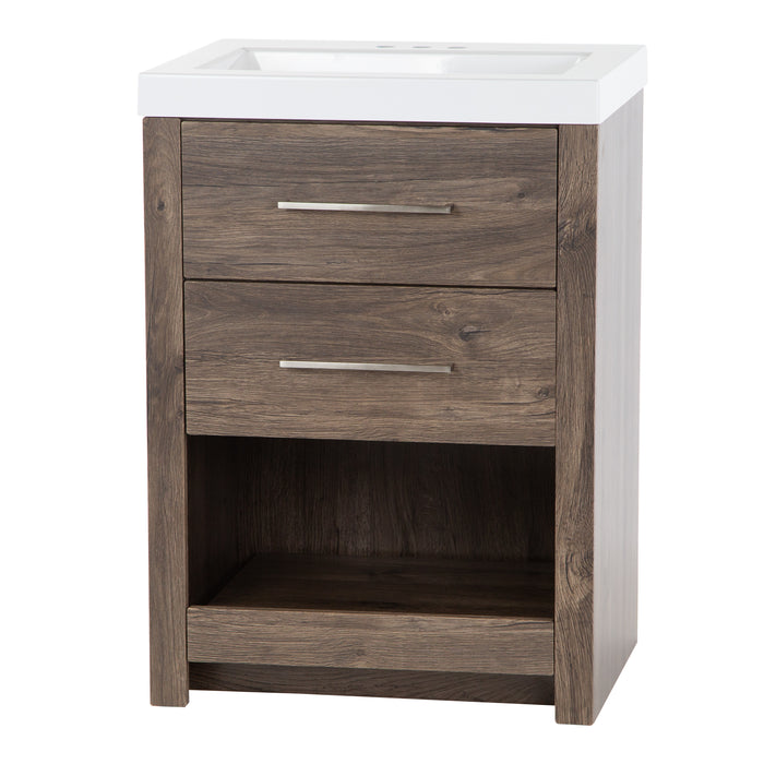 Right view Fisk 24.5" W woodgrain cabinet-style bathroom vanity with 2 drawers, pull-out shelf white sink top