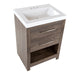 Top view of Fisk 24.5" W woodgrain cabinet-style bathroom vanity with 2 drawers, pull-out shelf white sink top