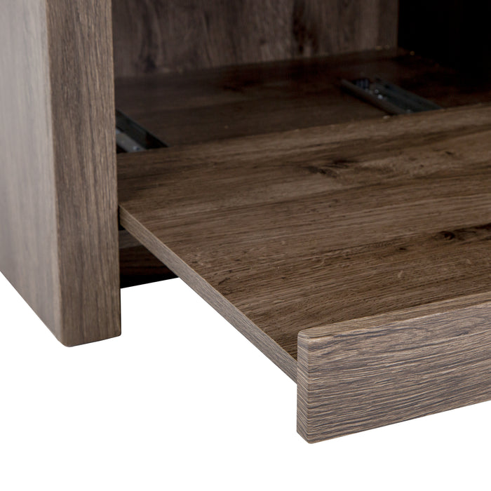 Closeup of full-extension pull-out bottom shelf on Fisk 24.5" W woodgrain cabinet-style bathroom vanity