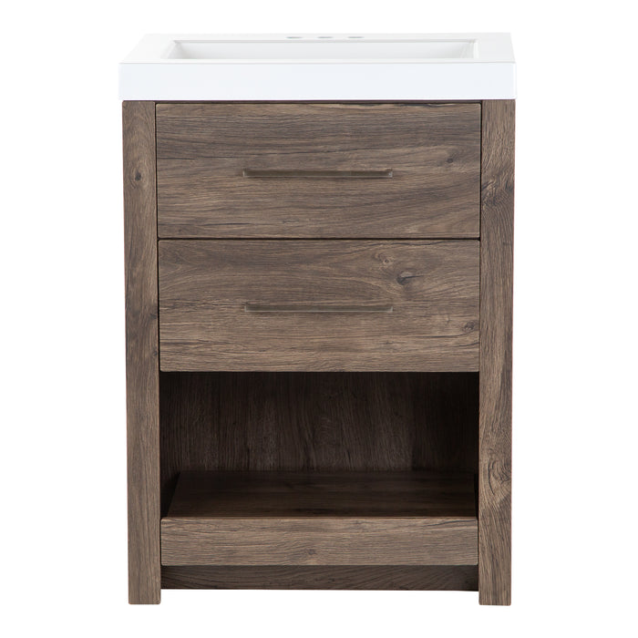 Fisk 24.5" W woodgrain cabinet-style bathroom vanity with 2 drawers, pull-out shelf white sink top