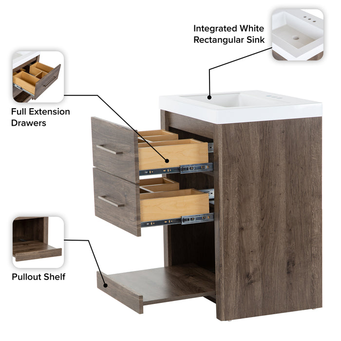 Feature callouts on Fisk bathroom vanity: Integrated sink, full extension drawers, pullout shelf