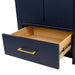 Open base drawer on Hali 24.5 small blue bathroom vanity with 2-door cabinet, 1 drawer, brushed gold hardware, white sink top