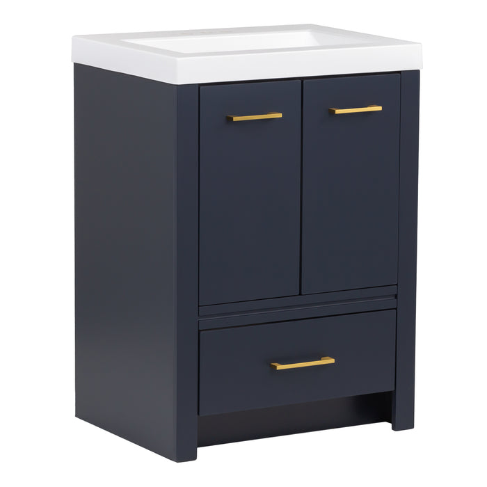 Angled view of Hali 24.5 small blue bathroom vanity with 2-door cabinet, 1 drawer, brushed gold hardware, white sink top