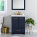 Hali 24.5 small blue bathroom vanity with 2-door cabinet, 1 drawer, brushed gold hardware, white sink top installed in bathroom with faucet and mirror