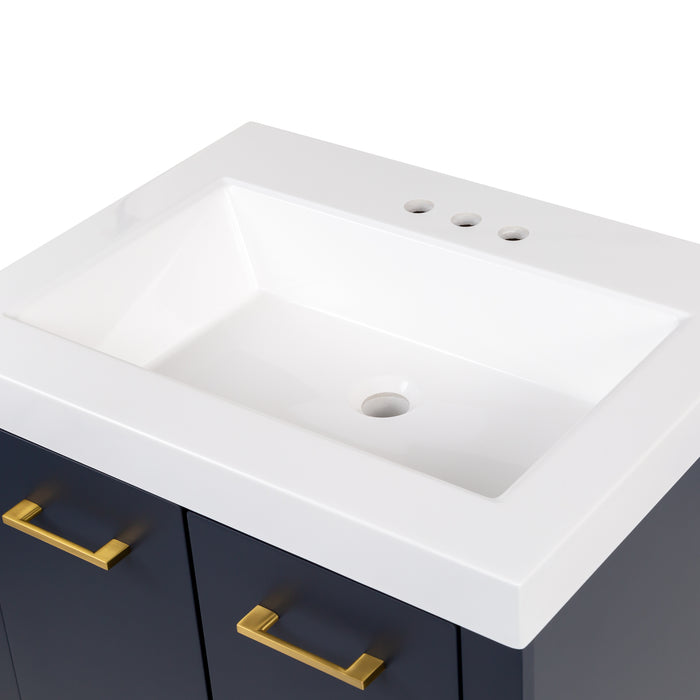 Predrilled sink on Hali 24.5 small blue bathroom vanity with 2-door cabinet, 1 drawer, brushed gold hardware, white sink top