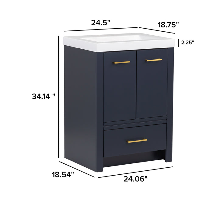 Measurements of Hali 24.5 small blue bathroom vanity with 2-door cabinet, 1 drawer, brushed gold hardware, white sink top: 24.5 in W x 18.75 in D x 34.14 in H