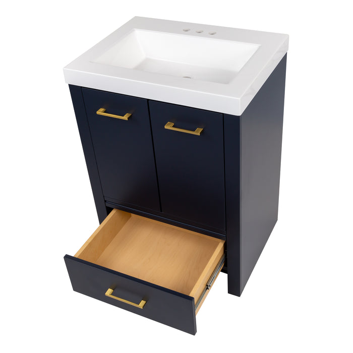 Top view with open base drawer on Hali 24.5 small blue bathroom vanity with 2-door cabinet, 1 drawer, brushed gold hardware, white sink top